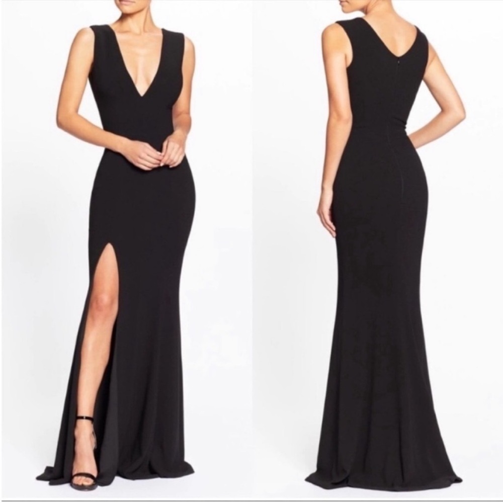 Dress the Population Black V-Neck Sleeveless Slit Evening Gown